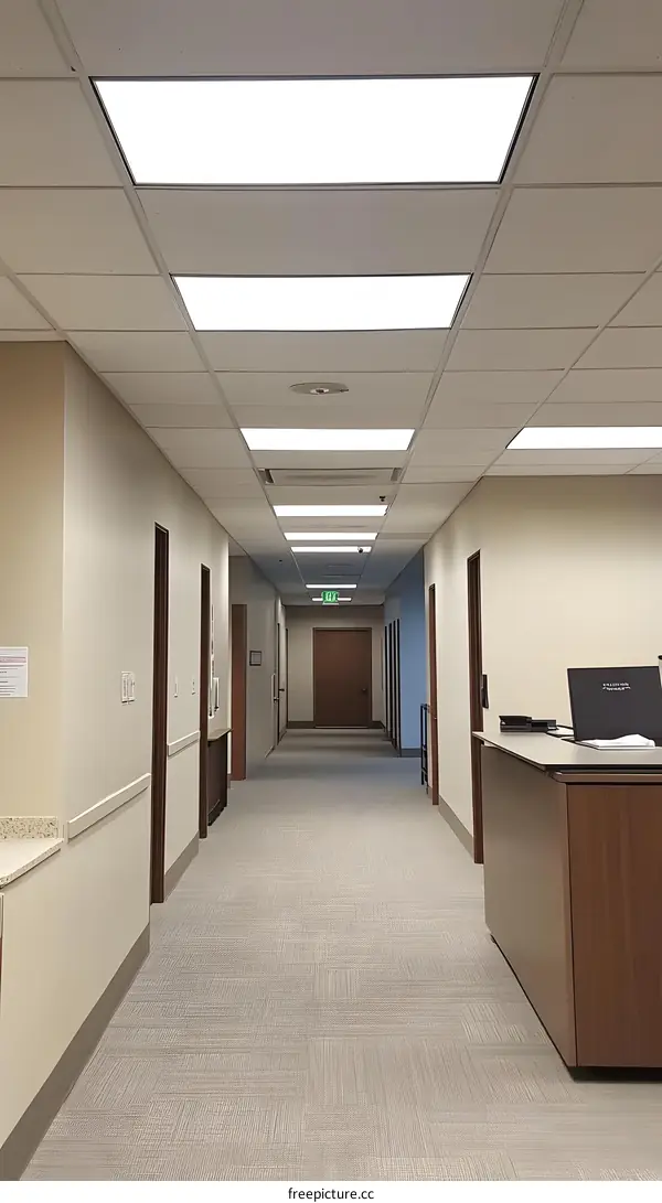 Modern Office Hallway with Beige Walls and Carpet
