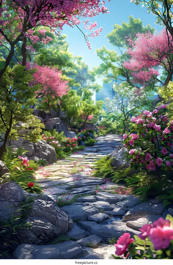 Stone Path through a Fantasy Forest with Blossoms