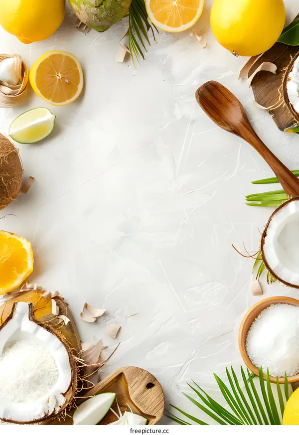 Summer Tropical Fruits Coconut  Lime Orange  White Background