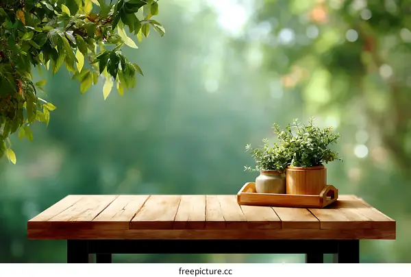 Wooden Table Outdoors with Plants