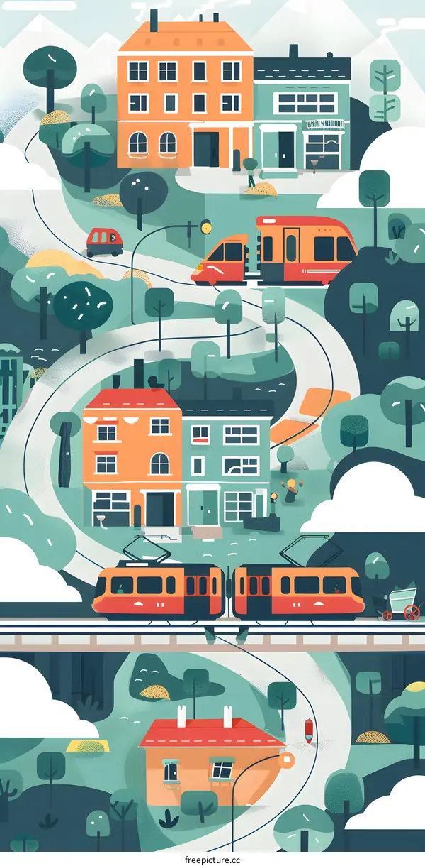 Cartoon Illustration of a City with Trains and Buildings
