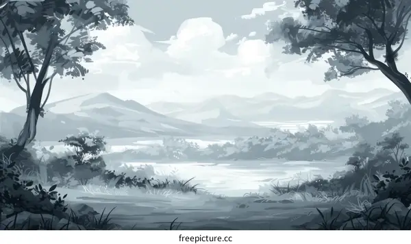 Misty forest landscape with mountains in the distance