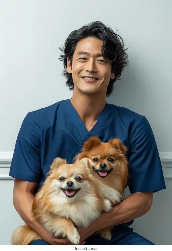 Asian male veterinarian smiling with two Pomeranian dogs