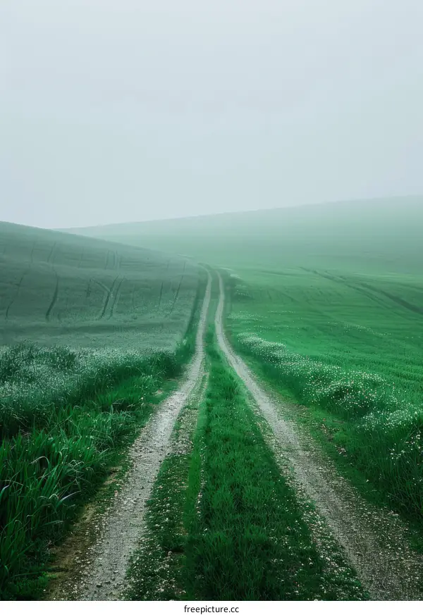 Country road through green fields under the foggy sky
