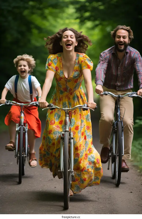 Family of three riding bicycles on a forest path