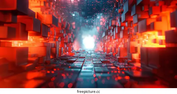 Glowing Blue and Red Tunnel Abstract 3D Render