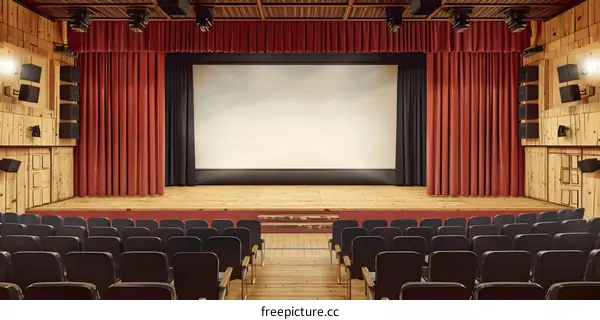 Empty Cinema Auditorium With Red Curtains And Wooden Walls