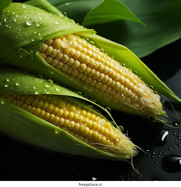 Fresh corn on the cob with green leaves and water drops