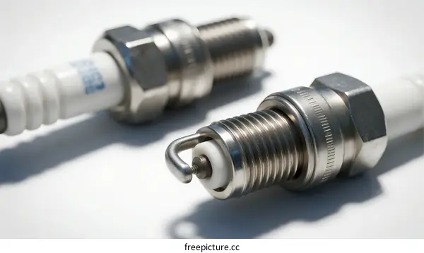 Close-up of two metal and ceramic spark plugs on white background