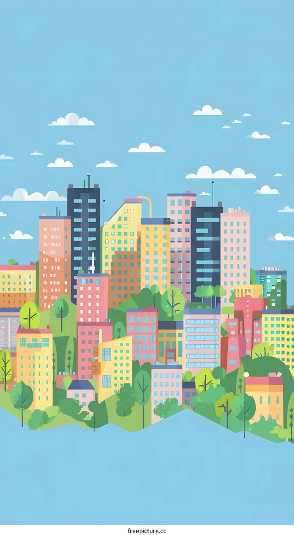 Cityscape Illustration with Green Trees and Blue Sky