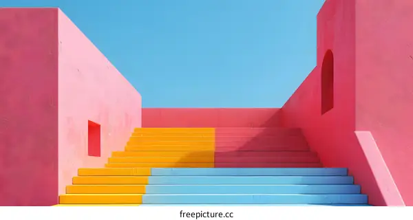 Pink and blue geometric shapes with stairs
