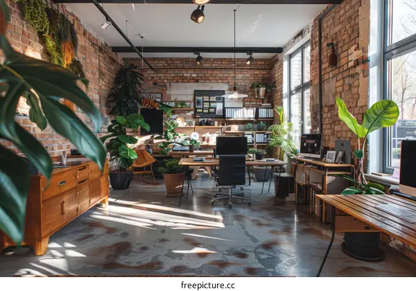 Industrial Loft Workspace with Brick Wall and Plants