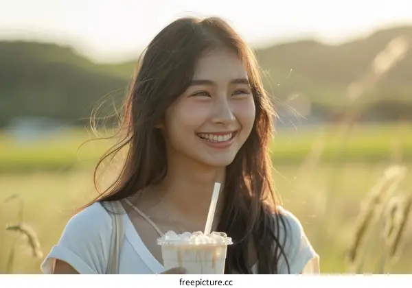 A young woman is drinking a beverage outdoors