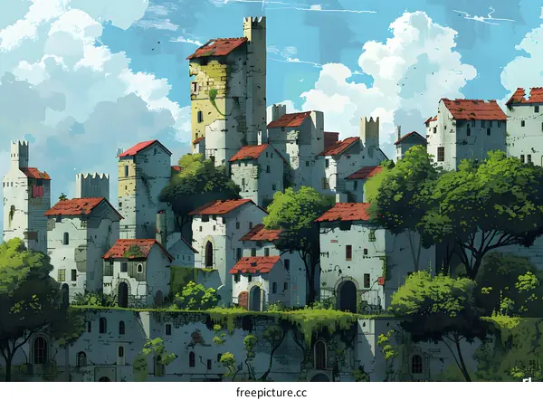 Fantasy Village Illustration with Stone Buildings and Lush Green Trees
