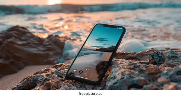 Smartphone on Rock Beach Sunset