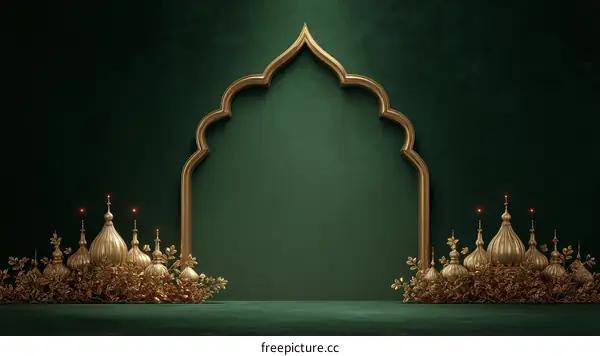 Golden Domes on a Deep Green Background with Islamic Arch