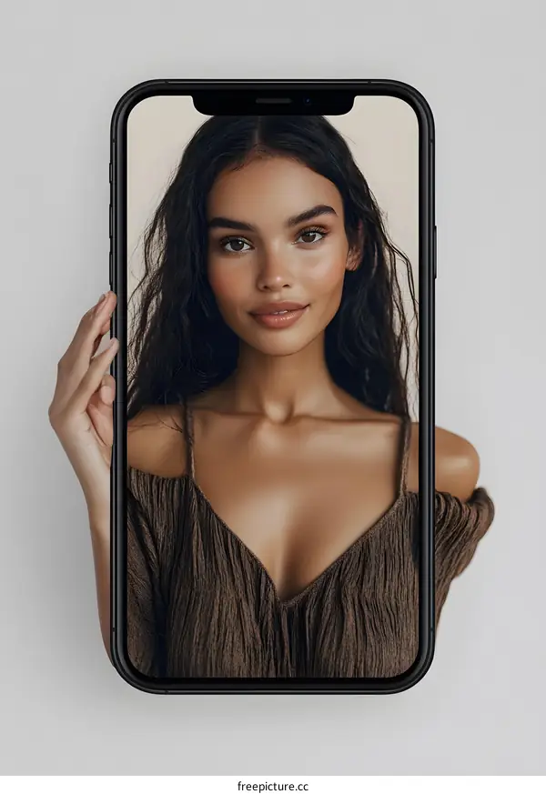 Woman Holding Smartphone With Her Selfie On Screen