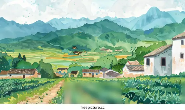 watercolor painting of a rural village in the mountains