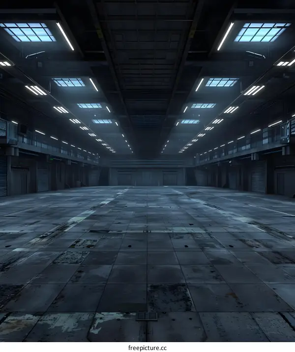Empty Industrial Warehouse with Lights