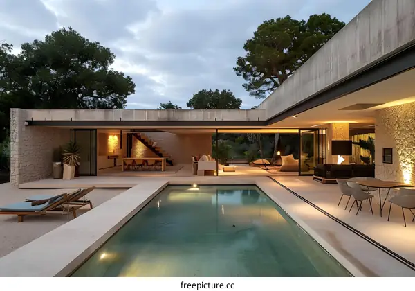 Modern Concrete House with Swimming Pool and Patio