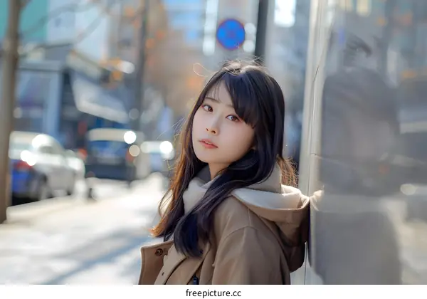 Young Woman in Brown Coat Leaning Against Wall in City