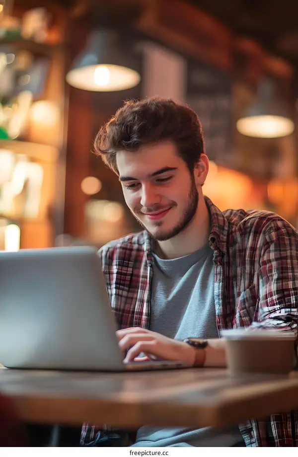 Young Man Working on Laptop in Cafe