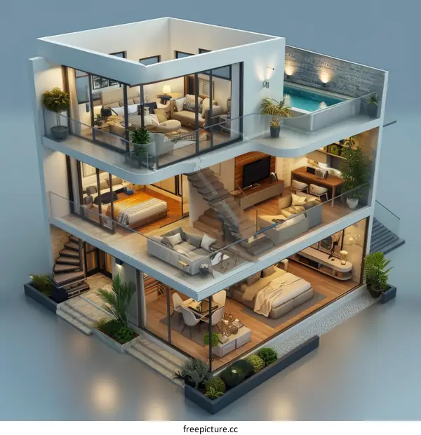 Modern three-story house with pool