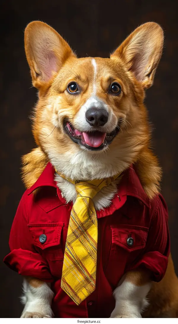 A cute corgi dog wearing a red shirt and tie