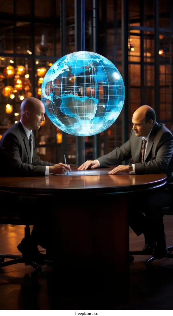Two bald men in suits sit at a table and discuss a glowing blue globe