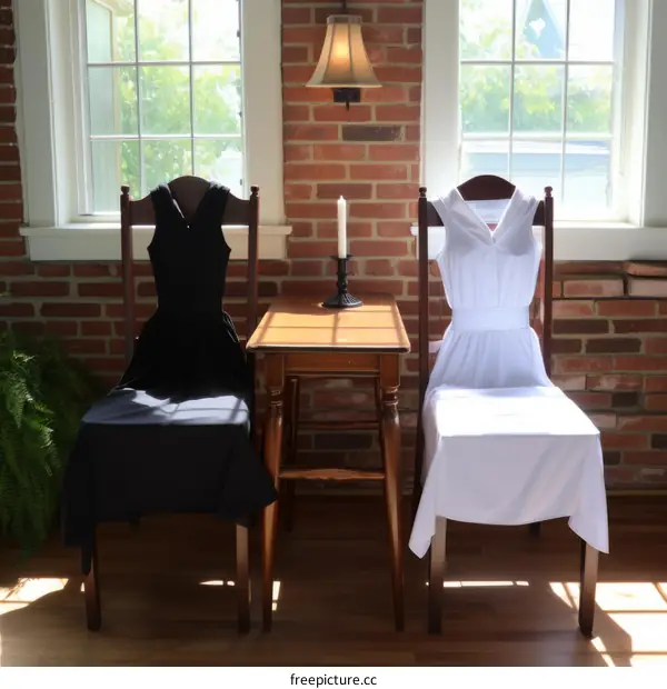 Two Dresses on Chairs by a Table with a Candle