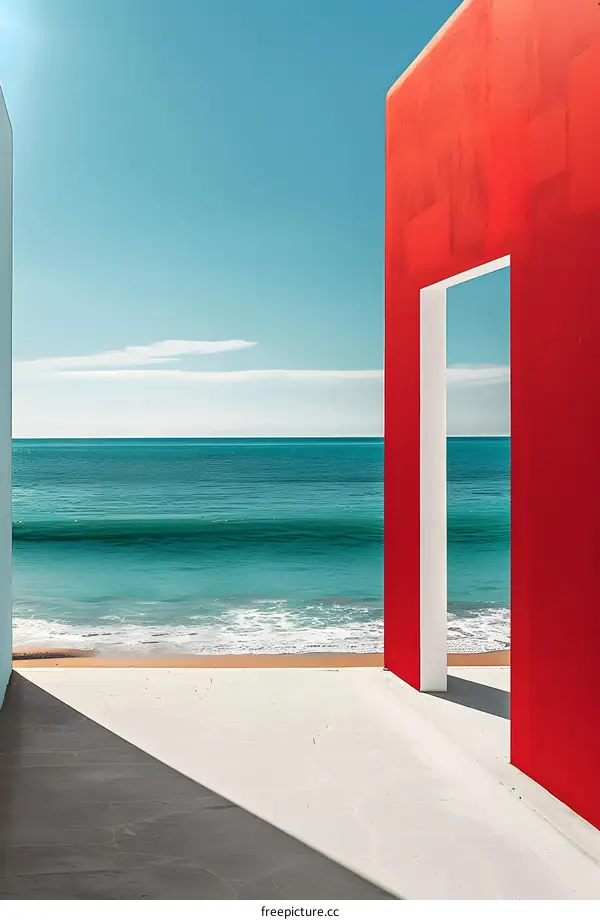 Red and White Minimalist Architecture Frame Ocean View