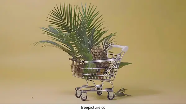 Shopping Cart Filled With Pineapple Leaves And Pineapple