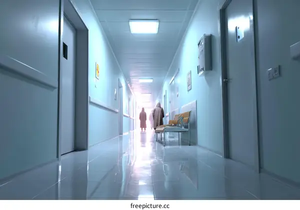 Hospital Corridor with Patients Walking