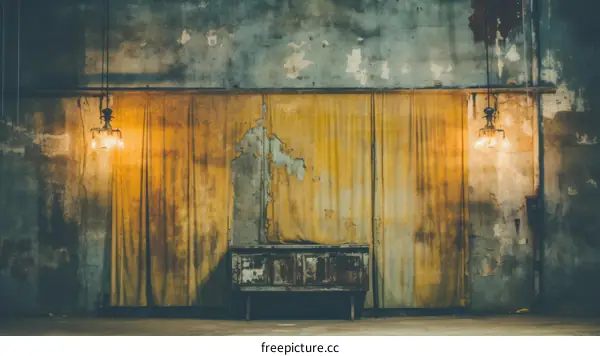 worn out retro stage with yellow curtain and grunge wall