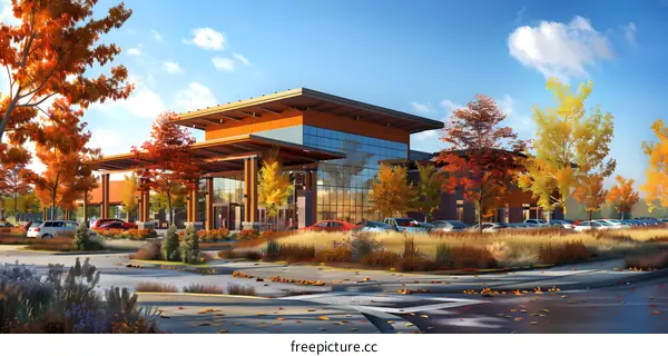 Modern Building with Autumn Foliage