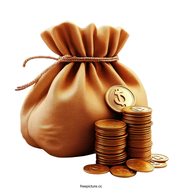 [Transparent Background PNG]Gold Coins in a Canvas Sack Illustrating Wealth