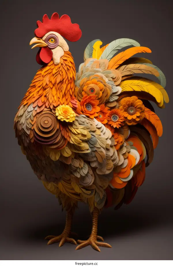 Rooster Felt Sculpture with Flowers