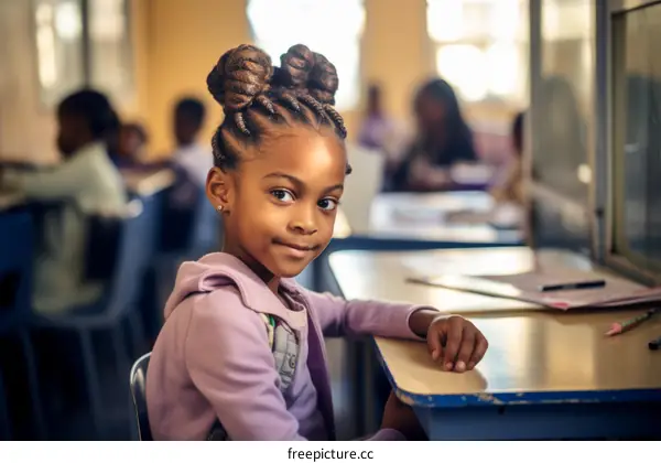 Portrait of a young African girl sitting in a classroom