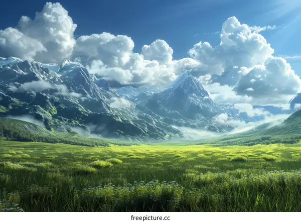 Rolling Green Hills with Snow-Capped Mountains in the Distance
