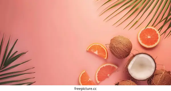 Tropical Fruits and Palm Leaf on Pink Background