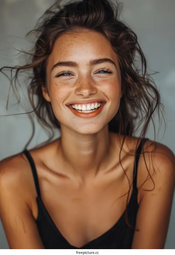 Beautiful Young Woman with Freckles Smiling