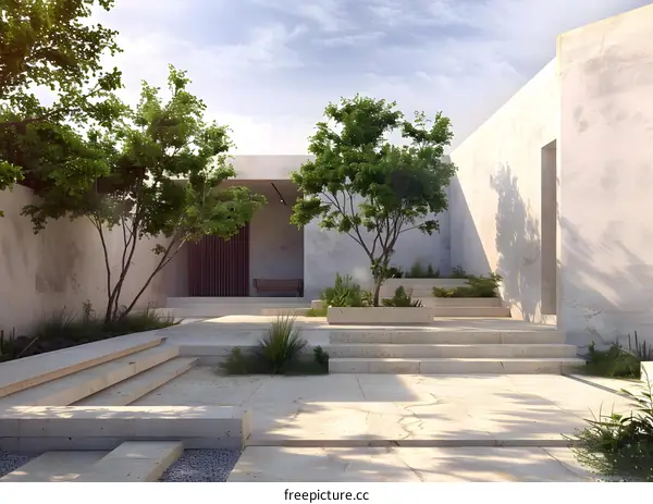 Modern Minimalist Courtyard with Steps and Greenery