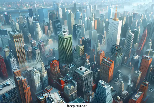 A Metropolis with Towering Skyscrapers and a Misty Skyline