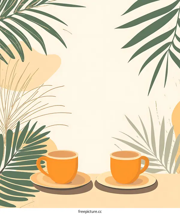 Two Coffee Cups with Palm Leaves