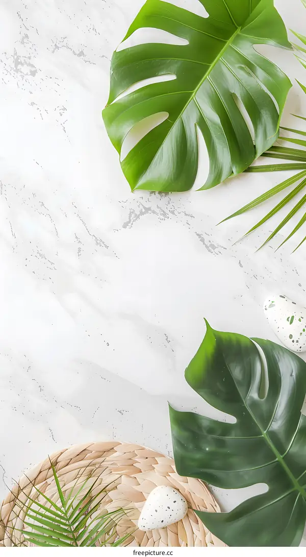 Tropical Leaf Background With White Marble