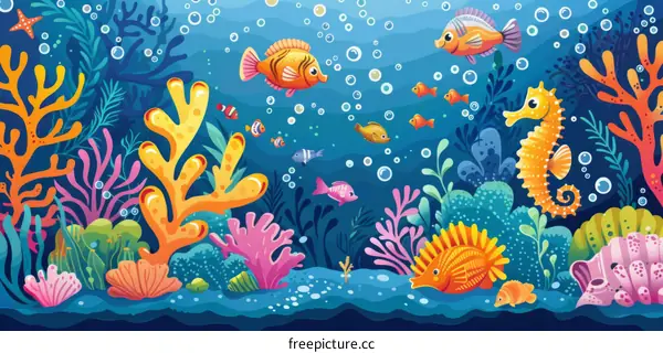 Underwater scene with colorful fish and coral reef