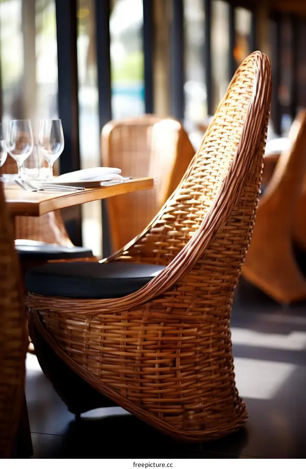 Rattan chair with comfy black cushion for modern restaurant