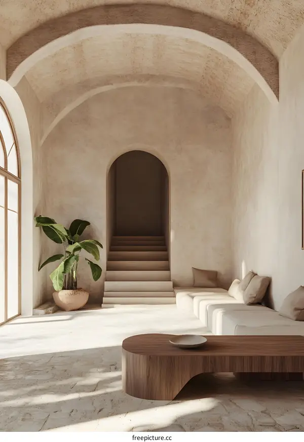 Minimalist Living Room Interior Design with Arches and  Natural Light