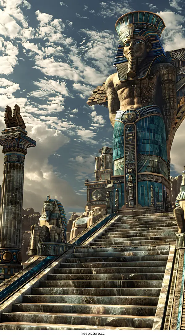 Ancient Egyptian Temple with Majestic Statue and Stone Stairs