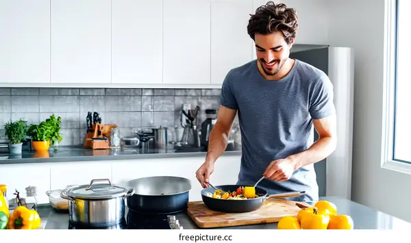 Man Cooking Vegetables in Modern Kitchen